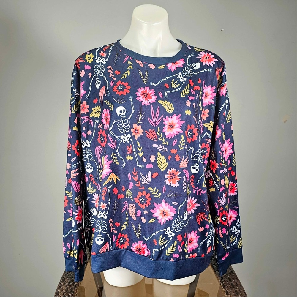 NWT Navy Floral & Skeleton Print Sweatshirt
